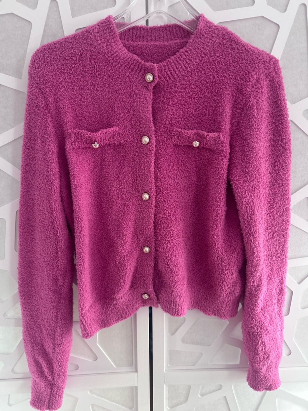 SHEIN Pink Teddy Bouclé Pearl-Button cardigan